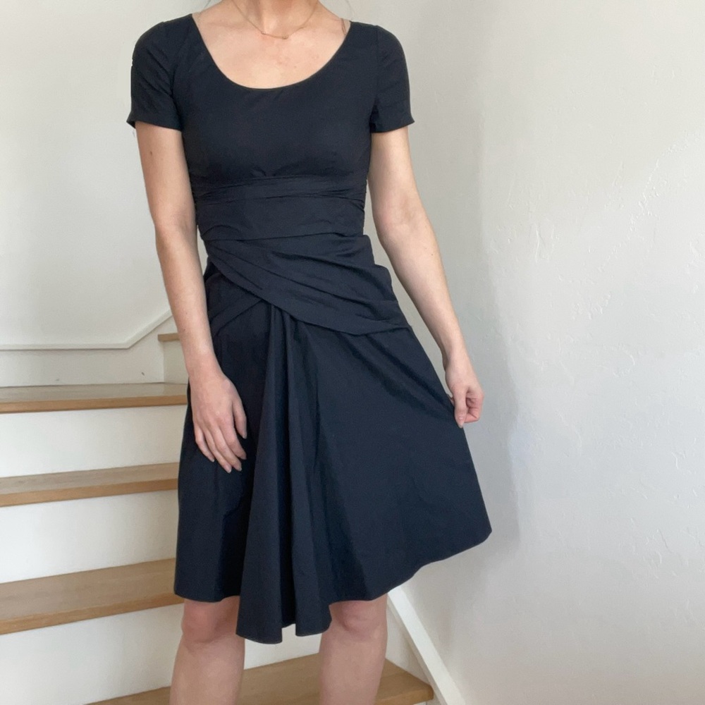 Vintage Prada Cotton Black Criss Cross Drape Mini Swing Dress Size 38 or 0